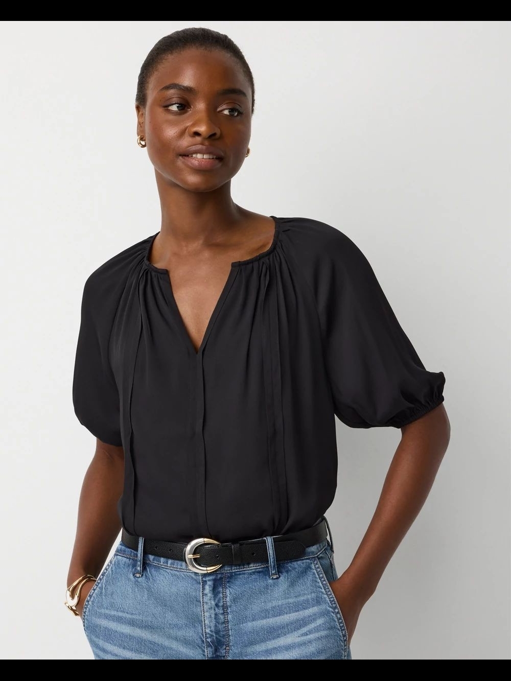 Abercrombie & Fitch Black Linen Blend Puff Sleeve Tie Neck Blouse Top M Medium